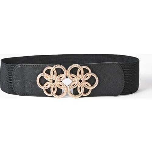 Elastic Pu Leather Designer Wide Corset Strap Belts for Women Girl Waist Cummerbund GirdleTie Gold Metal Floral Buckle Bands