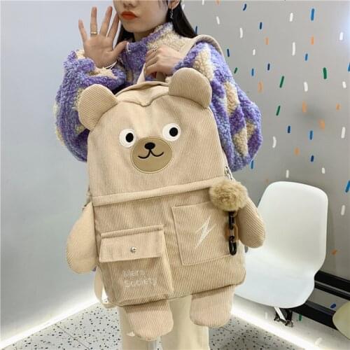 Autumn And Winter Corduroy Cute Bear Women Backpack Female Embroidery Large Schoolbag Multi-pocket Travel Bag For Teenage Girls