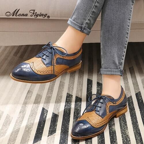 Mona Flying Women Shoes Genuine Leather Oxfords Hand-made Leisure Lace-up Brogues Wingtips Shoes for Ladies New Arrival B098-9