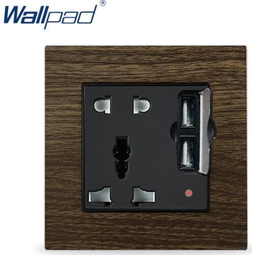 5 Pin Universal With 2 USB Socket Wallpad Luxury Wood Metal Panel Wall Power Socket Electrical Outlets For Home with USB Charger