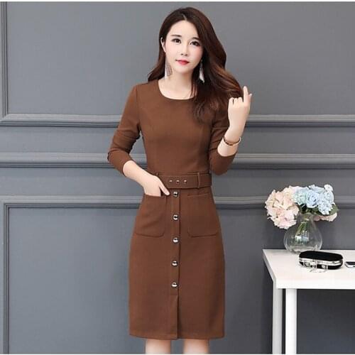 Spring and Autumn Women Dresses Slim Large Size 5XL Solid Long Sleeve Midi Dress Elegant Women Work Office Dress Vestidos K937