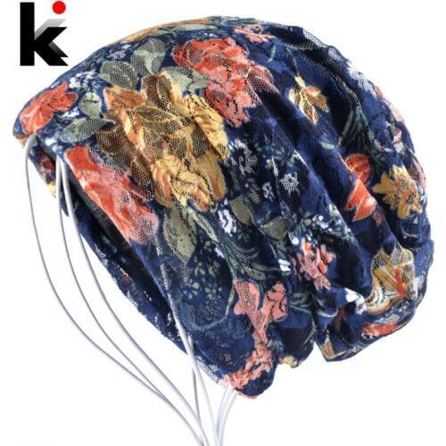 Spring Beanie Women Lace Flower Hat Ladies Casual Bonnet Cap Summer Autumn Female Turban Hair Accessory Fashion Skullies Beanies
