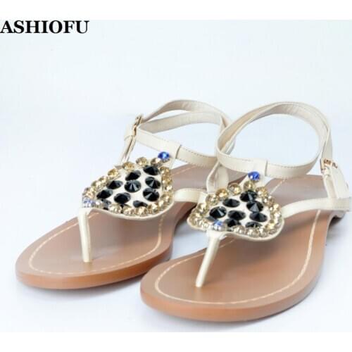 ASHIOFU Handmade Ladies Flat Sandals Crystals Jewelry Summer Party School Girl Shoes Beach Large Size Evening Fashion Sandals