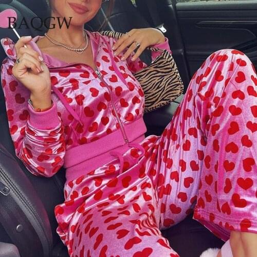 Autum 2ps Velvet Sweatsuit Heart Print Cropped Jacket Women Fashion Long Sleeve Zipper Hooded Coats Winter Y2K 90s Matching Sets