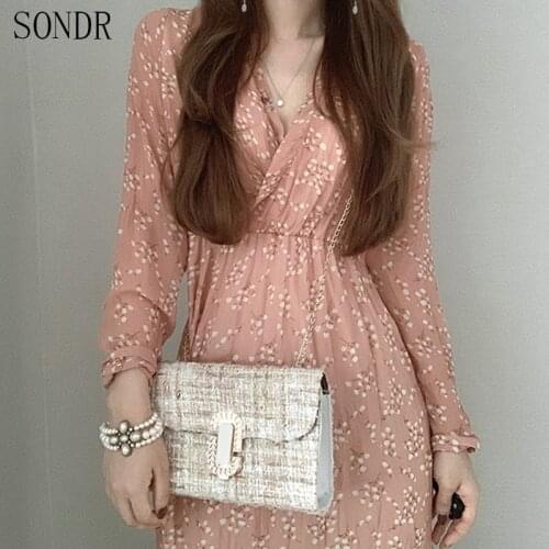 Korean Chic WomenS Dress Summer Dress Midi Pleated Floral Chiffon V-Neck Dress 2021 New Korean One-Piece Office Ladies Dress