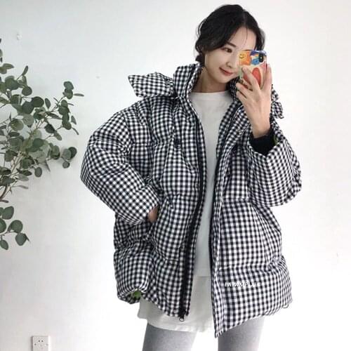 Winter 90% Duck down Coat Chic 2021 Retro Classic Black White Plaid Oversize Loose Hooded Female Puffer Down Jackets For Women