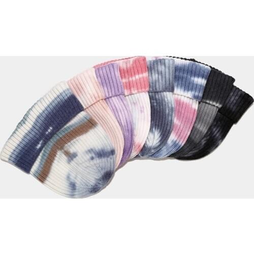 Unisex Winter Warm Ribbed Knit Beanies Hat Gradient Tie-Dye Harajuku Hip Hop Outdoor Sport Ski Stretch Cuffed Skull Cap