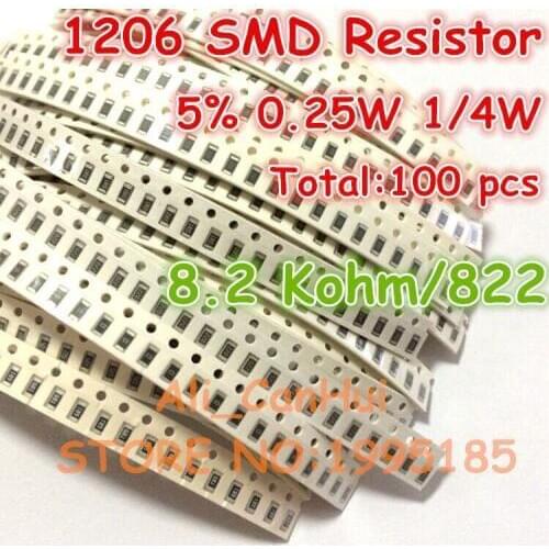 100pcs/lot 1206 5% 8.2 Kohm 8K2 822 1/4W 0.25W SMD Resistor 3.2*1.6mm