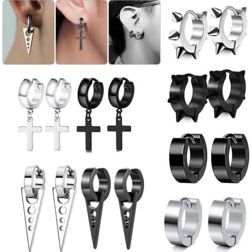 8 pairs/set Trendy Unisex Huggie Hoop Earrings Stainless Steel Cross Drop Earriing Black Silver Color Cool Ear Jewelry