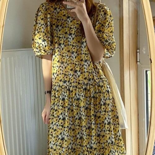 One-Piece Korean Fashion WomenS Long Dress 2021 Summer New Elegant Yellow Floral Chiffon Puff Sleeve V-Neck Loose Holiday Dress
