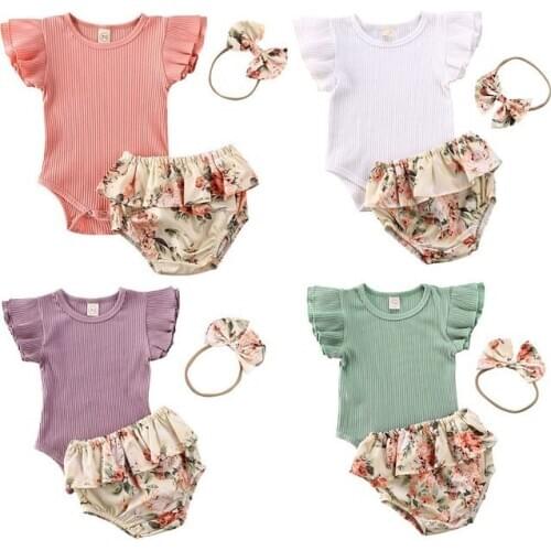 Emmababy Free Shipping Newborn Baby Girl Ruffled Ribbed Bodysuit Floral Shorts Headband 3Pcs Set