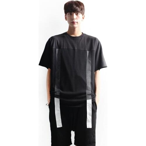 Summer casual mens T-shirt versatile loose M-type mesh ribbon short sleeve T-shirt personality large size top