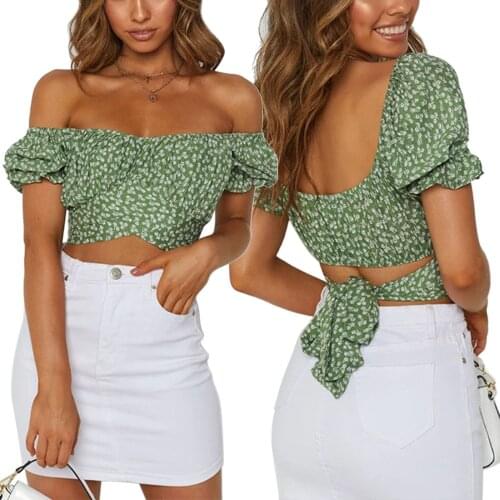 2021 New Womens Small Flower Printed T-shirt, Short Sleeve Low Square Neck Pleated Slimming Crop Tops Fashion