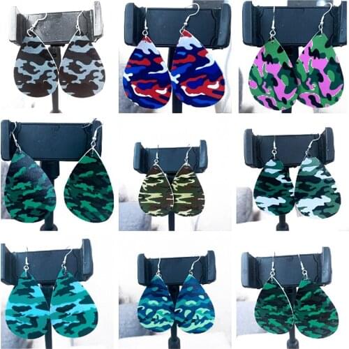 Aretes artesanaleColorful Camouflage Earrings Double Side Print Faux Leather Teardrop Earrings Fashion 6 Styles Stock Wholesale