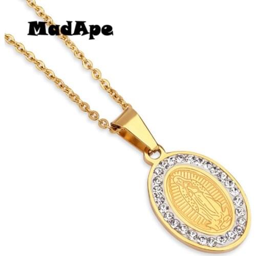MadApe Classic Jesus Pendants Necklace Gold Color Stainless Steel With Zircon Sweater Chain Cross Ncklace For Women Jewelry Gift