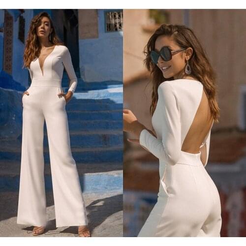 Boho Beach Jumpsuits Wedding Dresses 2021 Long Sleeve Pockets Crepe Bride Reception Jumpsuit Bridal Pantsuits Robe De Mariee