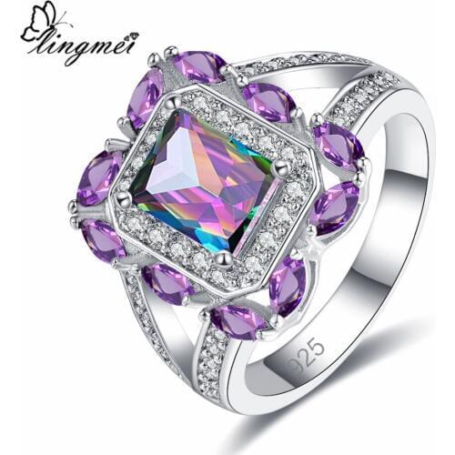 Lingmei Original Flawless Fire Rainbow White Pink Red Purple Cubic Zirconia Fashion Jewelry Silver Color Wedding Ring Size 6 789