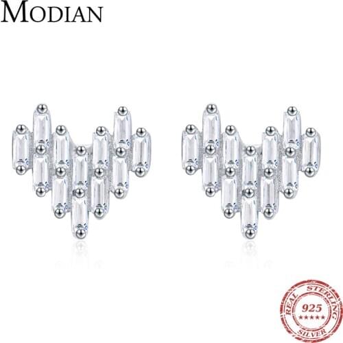 Modian 925 Sterling Silver Luxury Romantic Heart Stud Earrings for Women Emerald Cut Shiny Clear CZ Wedding Engagement Jewelry
