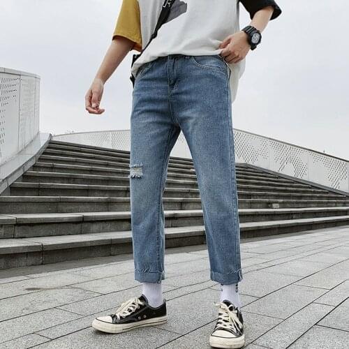 Summer 2021 new Casual Pants Black Ripped Jeans Hole Baggy Jeans Male Decals Jenskorean Streetwear Mens Breeches Harem Pants