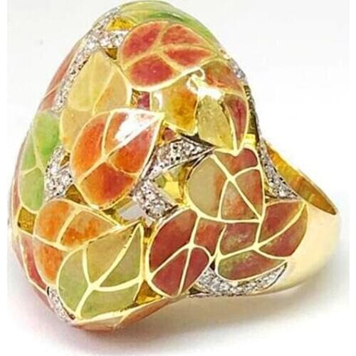 New Arrival Vintage Jewelry 925 Silver&Gold Fill Double Colorful AAA Cubic Zircon Enamel ring Women Wedding Leaf Band Ring Gift