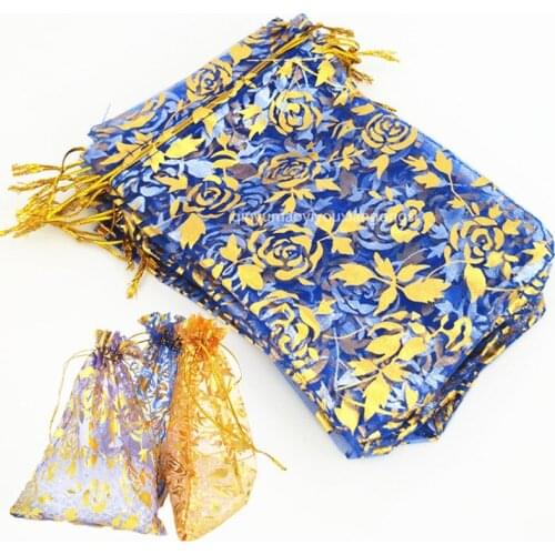 Wholesale 50pcs/lot Bronzing rose pattern Organza Bags 11x16cm Wedding Christmas Gift Bag Jewelry candy Packaging Pouches 6z