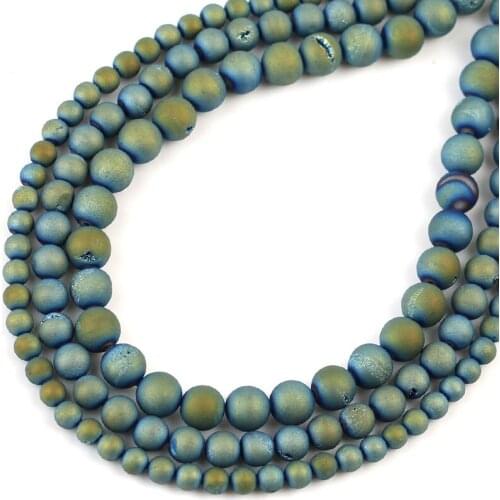 Wholesale Natural Stone Beads Blue Metallic Coated Natural Druzy Quartz Agat Round Loose Beads For Jewelry Making Bracelet6-10mm