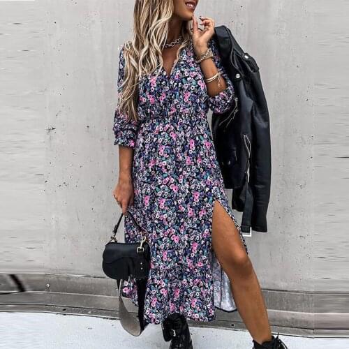 Dresses Autumn Winter Long Floral Print Dress for Women Casual Full Sleeve Split Dresses Female Boho Elegant Maxi Party Vestidos