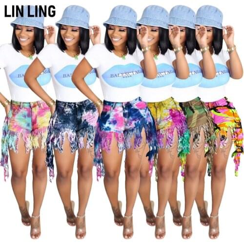 Casual Straight Tassel Edging Popular Tie Dye Printing Element Pocket Bodycon Denim Shorts