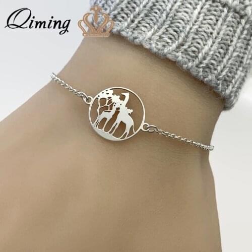 QIMING Silver Tree Giraffe Bracelets For Women Gold Silver Cute Animal Word Stainless Steel Chain Link Bracelet Female Bijoux