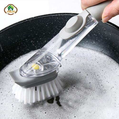 MSJO Cleaning Tool Kitchen Brush Sponge 2IN1 Liquid Dispenser Sponge Handle Design Pot Brush Dish Cleaning Replace Cleaning Set