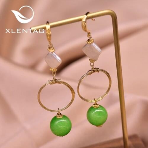 Xlentag Natural Fresh Water Pearl Jade Drop Earrings For Women Gifts Circle Dangle Earrings Handmade Fine Jewelry GE0913