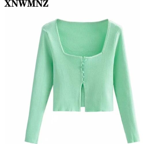 XNWMNZ 2021 Za Women Sexy Fashion Cropped Knitted Cardigan Sweater Vintage Square Collar Long Sleeve Female Outerwear Chic Tops
