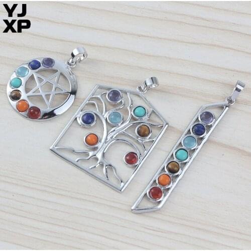 YJXP 7 Chakra Beads Reiki Stone Inlayed Silver Plated Star of David Tree of Life Ladder-Shaped Meditation Pendant Charms Jewelry