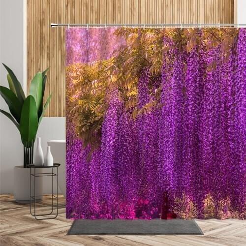 Purple Blossom Wisteria Flower Shower Curtain For Bathroom Decors Natural Floral Scenery Hanging Fabric Waterproof Bath Curtains
