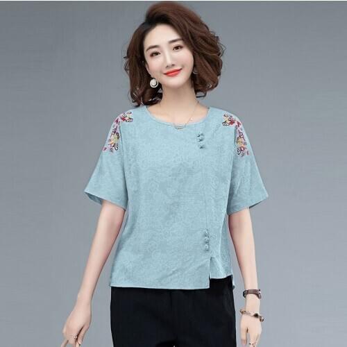 Plus Size Women Cotton Linen T-shirts New Arrival 2021 Summer Vintage Style Floral Embroidery Female Casual Tops Tees S3373