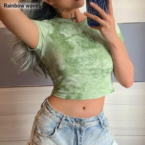 Rainbowwaves Butterfly Green Crop Top Aesthetic T Shirt Short Sleeve O Neck Pullovers Women Harajuku Cute Tee Summer Retro 90s