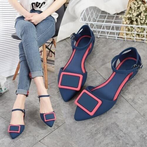 2020 Jelly Shoes Women Pointed Toe Flat Heel Ankle Buckle Casual Rain Water Flats Sandals Shallow Mouth