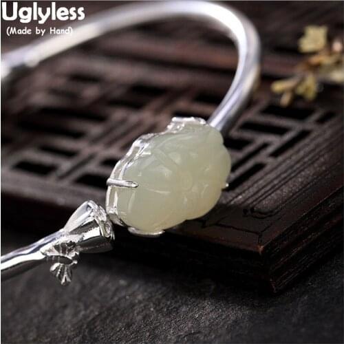 Uglyless 100% Real 925 Sterling Silver Lotus Bracelets for Women Nature Jade Flower Bangles Ethnic Open Bangle Gems Fine Jewelry