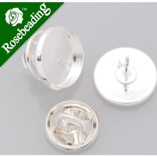 12mm Silver Plated Copper Cameo Brooch back,brooch bezel,Tie Tac Clutch with 12mm Round Bezel Cup,sold 50pcs per pkg