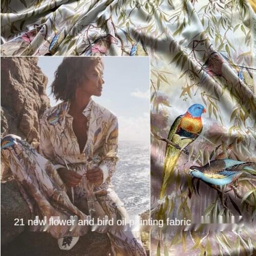 145x120cm retro oil painting bird pattern digital printing polyester stretch satin fabric for dress shirt sewing needlework diy