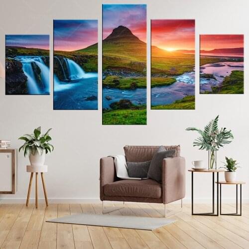 Wall Art Canvas Prints Pictures 5 Pieces Beautiful Iceland Waterfall Paintings Green Mountain River Landscape Posters Home Decor