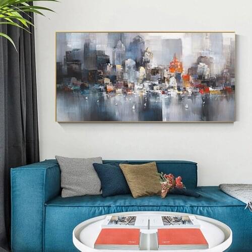 Abstract Oil Painting City Building Rain Boat Poster Scenery Pictures on Canvas Wall Art Cuadros for Living Room Decoration