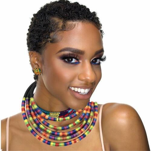 African Multilayer Choker Necklaces Earrings Jewelry Sets Women Bib Collar Statement Necklace Rope Magnetism Button Boho Jewelry