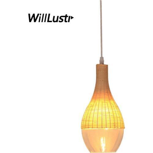 Handmade Bamboo Pendant Lamp Glass Suspension Light Restaurant Hotel Bedroom Dinning Room Creative Hand Knitted Hanging Lighting