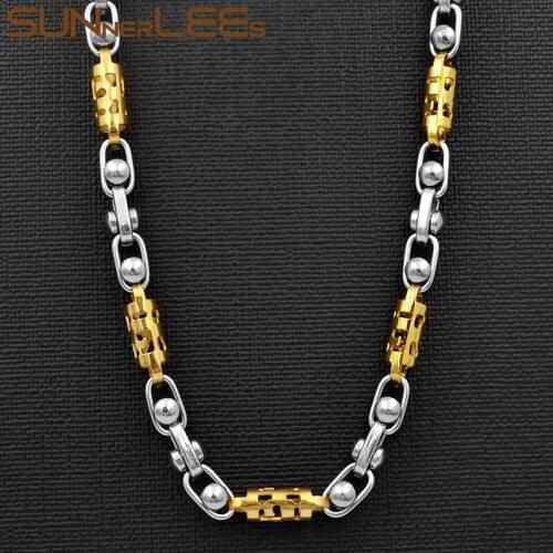 SUNNERLEES Jewelry Stainless Steel Necklace 6mm Geometric Beads Link Chain Silver Color Gold Plated Men Women SC130 N