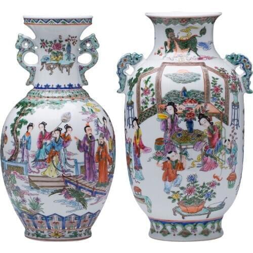 Jingdezhen Porcelain Vase Hand Painted Pastel Figure Retro Ceramic Vase Chinese Style Living Room Flower Arrangement Ornaments