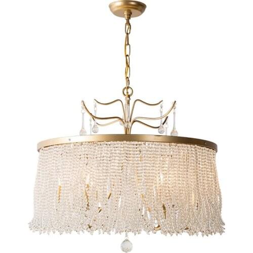 Bedroom crystal lamp living room dining room chandelier light luxury all copper French creative bead chain tassel room lamp