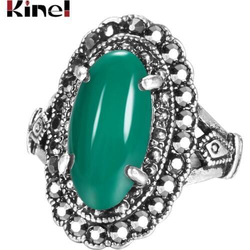 Kinel Hot 2020 Fashion Gorgeous Tibetan Silver Ring Vintage Wedding Jewelry Punk Green Resin Stone Rings For Women Drop Shipping