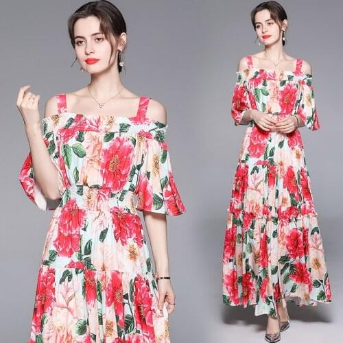 Menahem Off Shoulder Spaghetti Strap Boho Dress 2021 Summer Women Rose Flower Print Elastic Waist Ruffle Elegant Long Maxi Dress
