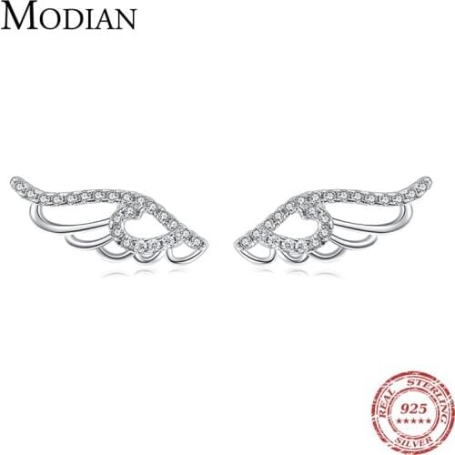 Modian Genuine 925 Sterling Silver Angel Wings Stud Earrings For Women Hollow Out Feather Ear Pins Christmas Birthday Gifts